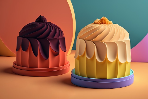 Cupcakes colorati su uno sfondo colorato Minimo stile di vacanza estiva Divertente gustosa torta Ai generativa