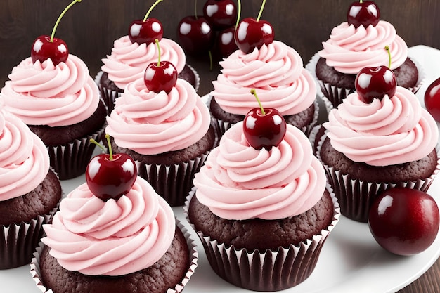 Cupcakes con ciliegie e crema rosa arte generativa di AI