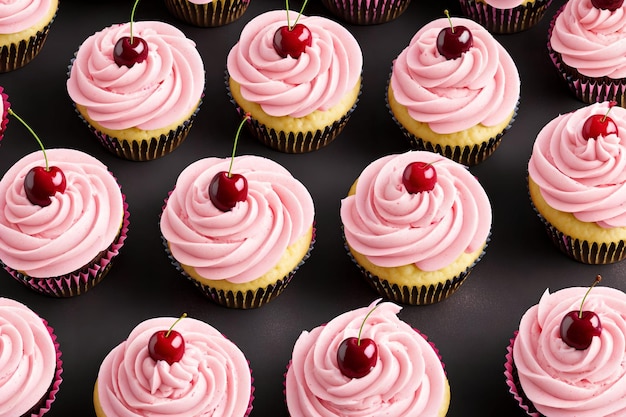 Cupcakes con ciliegie e crema rosa arte generativa di AI