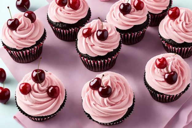 Cupcakes con ciliegie e crema rosa arte generativa di AI