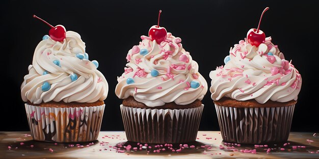 Cupcakes con crema colorata e ciliegia