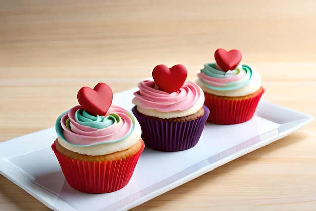 Cupcakes con cuore rosso su un piatto bianco