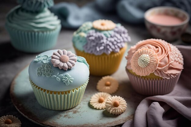 Cupcakes con decorazioni floreali in colori pastello