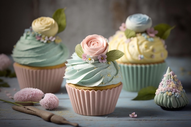 Cupcakes con decorazioni floreali in colori pastello