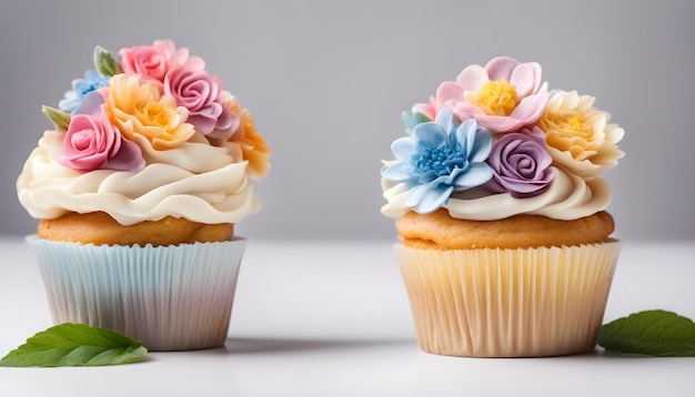 Cupcakes con fiori color crema su sfondo bianco