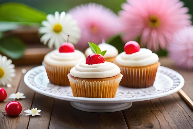 Cupcakes con glassa bianca e un fiore in cima.