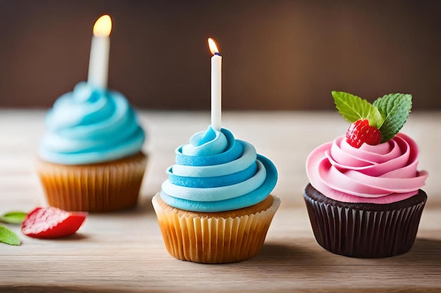 Cupcakes con glassa blu e rosa e una candela che dice " buon compleanno "