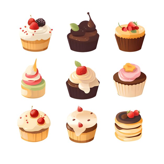 Cupcakes con panna e frutti di bosco Torte con crema e cioccolato Illustrazione vettoriale