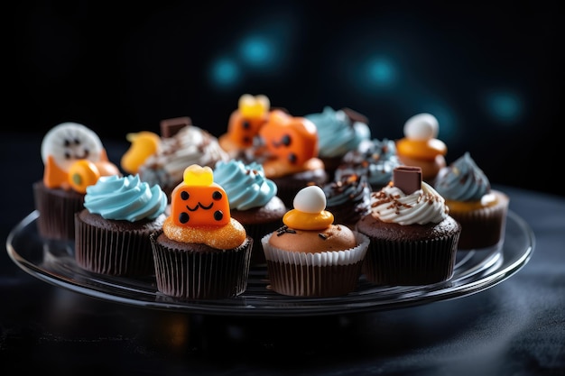 Cupcakes di Halloween su un piatto nero a forma di fantasmi nello stile di ambra scuro e grigio Generative AI