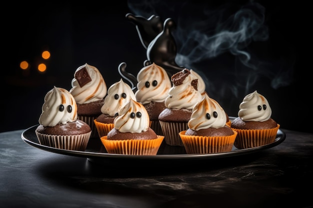 Cupcakes di Halloween su un piatto nero a forma di fantasmi nello stile di ambra scuro e grigio Generative AI