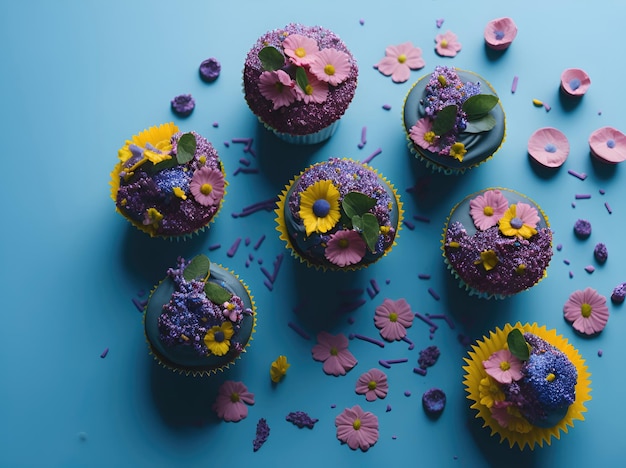 Cupcakes festivi con fiori primaverili su sfondo blu ai generativo