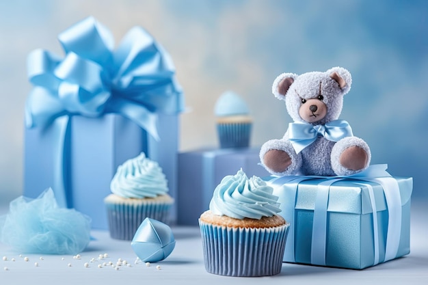 Cupcakes per bambini a tema blu e scatole regalo per bomboniere su sfondo blu per baby shower o concetto di biglietto di auguri per la scuola materna appena nato AI generativo