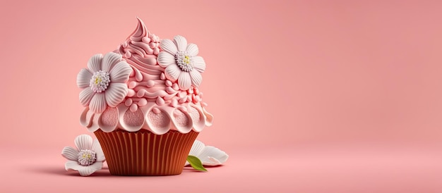 Cupcakes per le vacanze di primavera con fiori e spruzzi su uno sfondo rosa Generative AI Un posto per il tuo testo