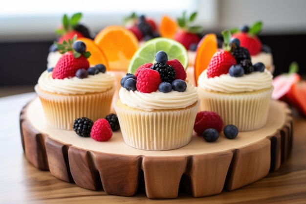 Cupcakes ricoperti di frutta su un supporto per torta in legno