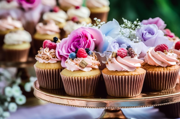 Cupcakes torte scones e muffin e decorazioni natalizie all'aperto al giardino in stile country inglese dessert dolci per matrimonio compleanno o festa celebrazione post-elaborato generativo ai