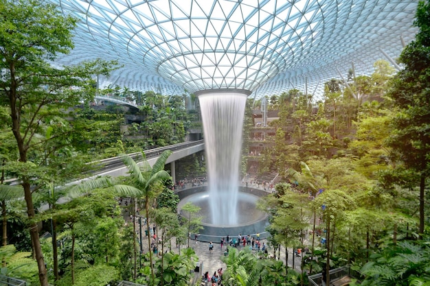 Cupola a cascata artificiale dell'aeroporto Jewel Changi con piante