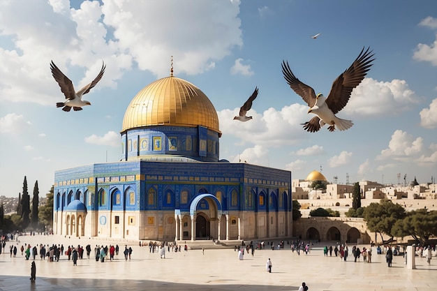 Cupola della roccia nella moschea di alaqsa, città vecchia di gerusalemme, con colombe della pace e uccelli