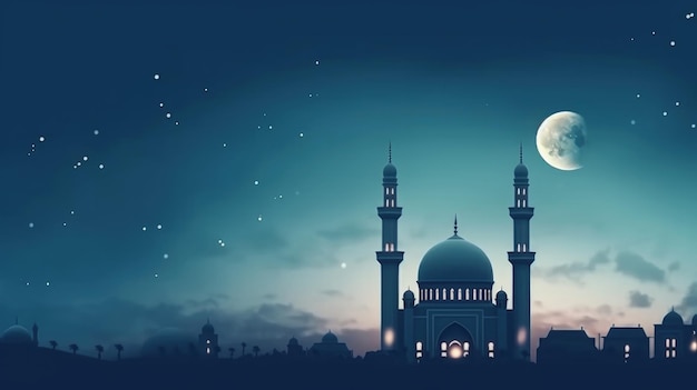 Cupola delle moschee sul cielo crepuscolare blu scuro e Luna crescente sullo sfondo Illustrazione AI Generativa