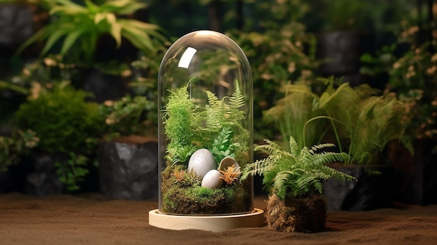 Cupola di vetro con pianta di muschio piccolo nido d'uccello e uova all'interno carta di auguri mockup sfondo