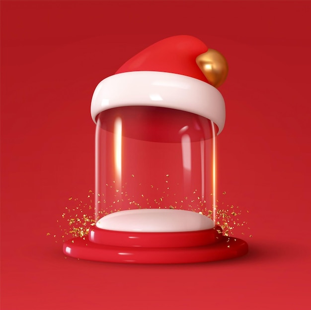 Cupola di vetro magica di Natale con modello vuoto palla di neve bianca Cappello di Babbo Natale Design 3d realistico per il nuovo anno festivo