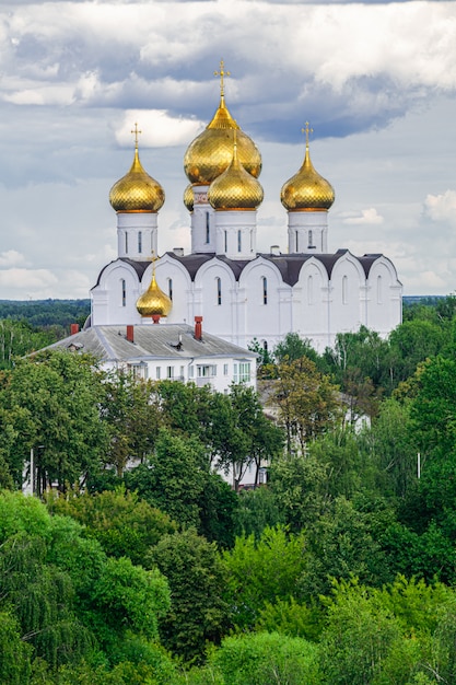 Cupole dorate della cattedrale di presupposto, con gli alberi verdi e il fondo delle nuvole grige, Yaroslavl, Russia