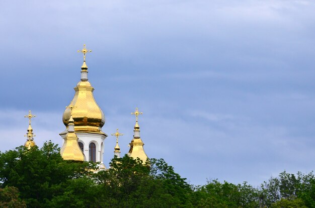 Cupole dorate di una chiesa ortodossa tra alberi in fiore