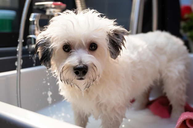 Cura degli animali domestici Lavatore di Bichon Frise mix in un salone professionale