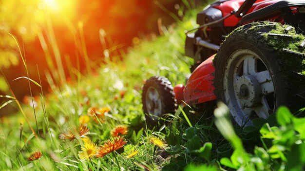 Cura del giardino tagliando l'erba verde sulla collina del prato con un tagliaprata