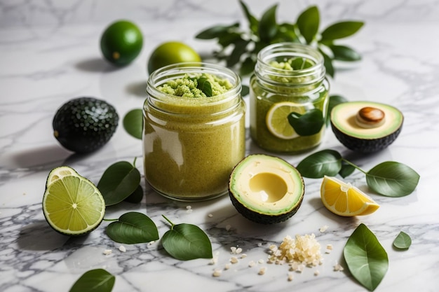 Cura della pelle e scrub per il corpo fatti in casa con ingredienti naturali foglie di avocado fresche sale marino calce