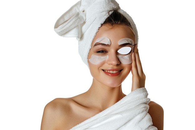 Cura della pelle giovane donna allegra sorridente che applica cerotti cosmetici agli occhi maschera riduce le rughe indossa un asciugamano avvolto in testa isolato su sfondo bianco trattamento del viso bellezza e concetto di spa