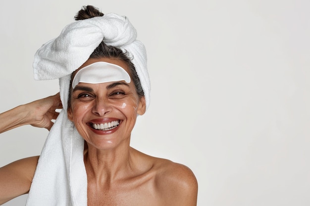 Cura della pelle molto felice donna ispanica matura che ride applicando cerotti cosmetici agli occhi maschera riduce le rughe indossa un asciugamano avvolto in testa isolato su sfondo bianco trattamento del viso bellezza e concetto di spa