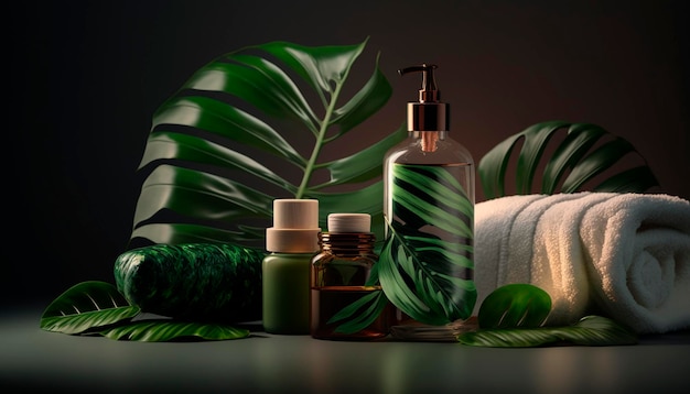 Cura della pelle spa set decorazione candela e asciugamani bottiglia di olio e foglie verdi e fiori AI generativa