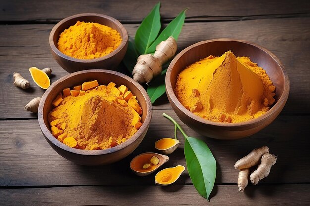 Curcuma in polvere e curcuma fresca in ciotole di legno con foglie verdi su vecchie erbe da tavola in legno