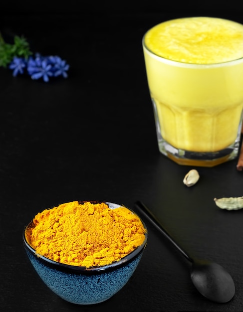 Curcuma macinata e altre spezie per ottenere il latte dorato dalla curcuma