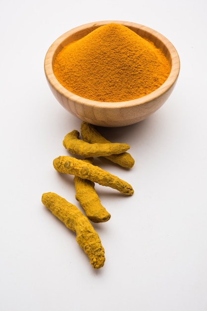 Curcuma secca organica o polvere Haldi nota anche come curcuma longa linn, messa a fuoco selettiva