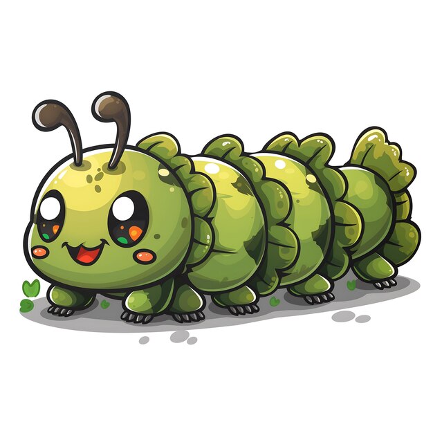 Curiosità strisciante Caterpillar verde nel suo cammino per scoprire un adesivo animato