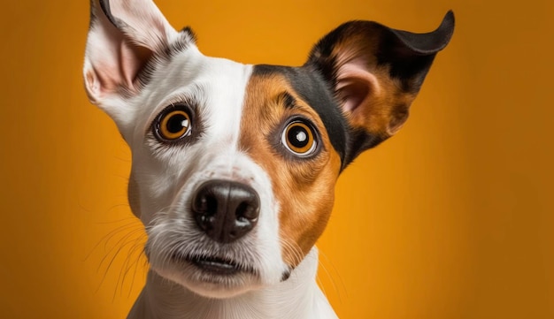 Curioso cane interessato guarda nella fotocamera Jack russell terrier closeup ritratto su sfondo giallo Funny pet Genera Ai