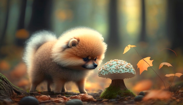 Curioso cane Pomerania annusa funghi nella foresta