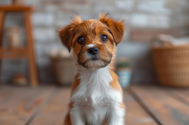 Curioso cucciolo all'interno con uno sguardo morbido