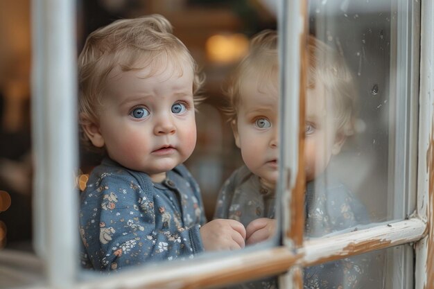 Curioso e adorabile bambino che gioca a casa e guarda il suo riflesso nella finestra