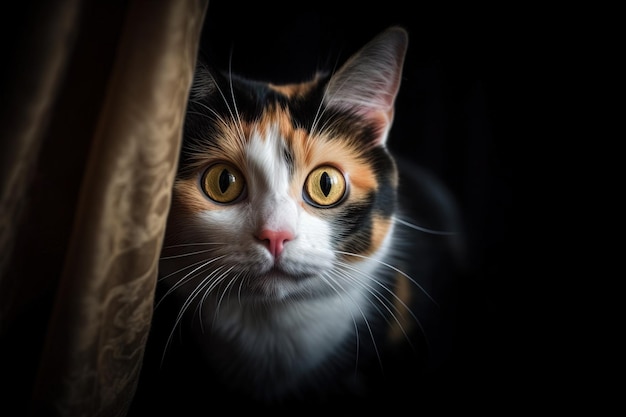 Curioso gatto calico fa capolino da dietro una tenda illustrazione generativa ai