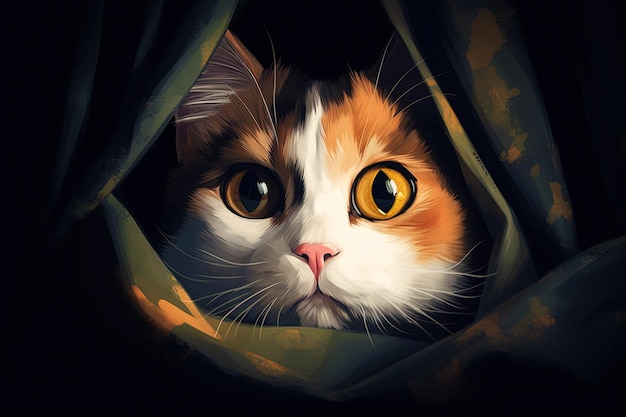 Curioso gatto calico fa capolino da dietro una tenda illustrazione generativa ai