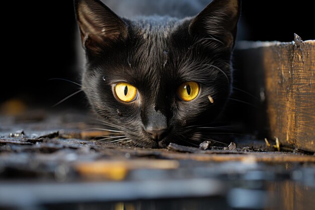 Curioso gatto nero in agguato dall'interno della tana generativa IA