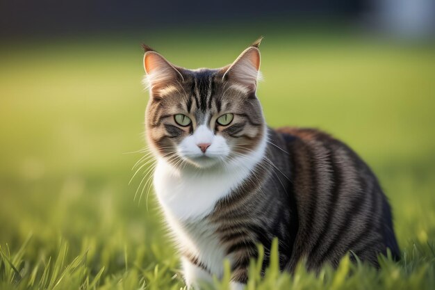 Curioso gatto tabby seduto in un campo verde lussureggiante che sembra vigile e curioso