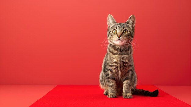 Curioso gatto tabby seduto su una superficie rossa contro lo sfondo guardando a lato