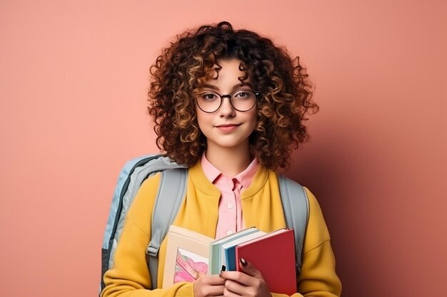 Curly Coed Ritratto di giovane studente donna che indossa zaino Generativo Ai