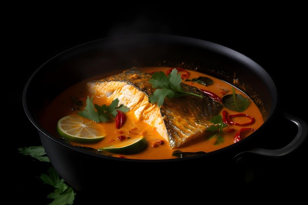 Curry di pesce in una ciotola isolata su sfondo nero