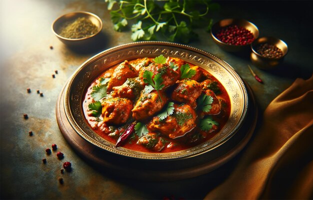 curry di pollo guarnito con coriandolo servito su un piatto di ottone sotto una luce morbida