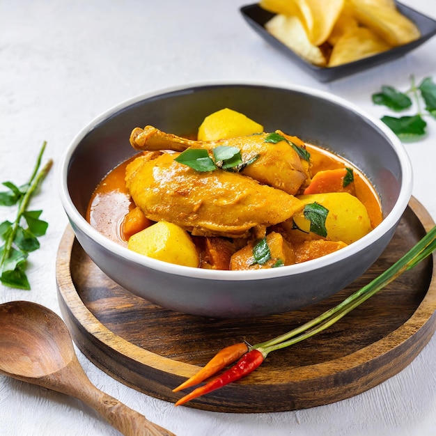 Curry di pollo in stile malese con patate kari ayam selettiva sullo sfondo bianco