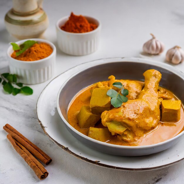Curry di pollo in stile malese con patate kari ayam selettiva sullo sfondo bianco
